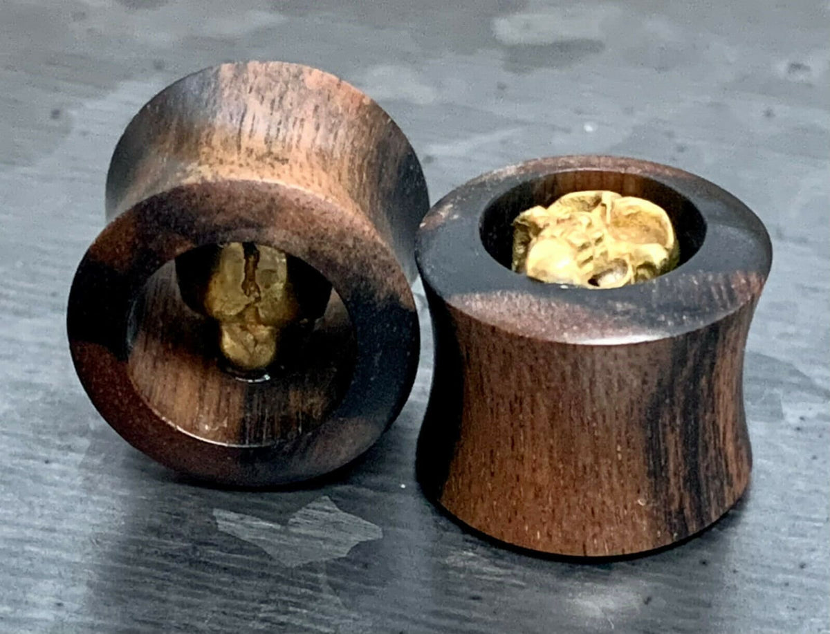 PAIR of Unique Brass Skull Organic Ebony Double Flare Wood Tunnels/Plugs - Gauges 2g (6mm) up to 1" (25mm) available!
