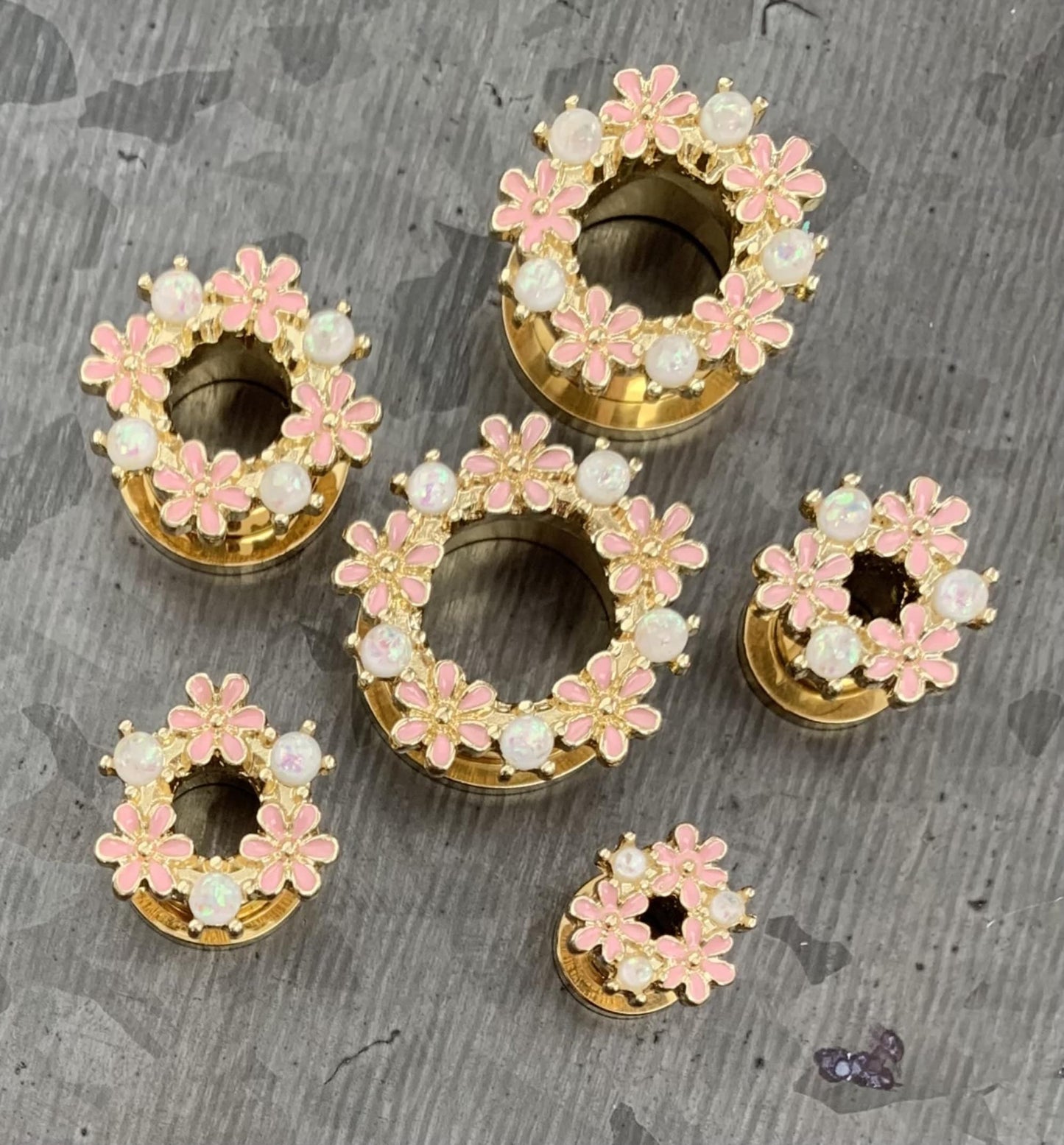 PAIR of Stunning Opal Glitter & Enamel Flowers Gold Screw Fit Tunnels/Plugs - Gauges 2g (6mm) thru 5/8" (16mm) available!