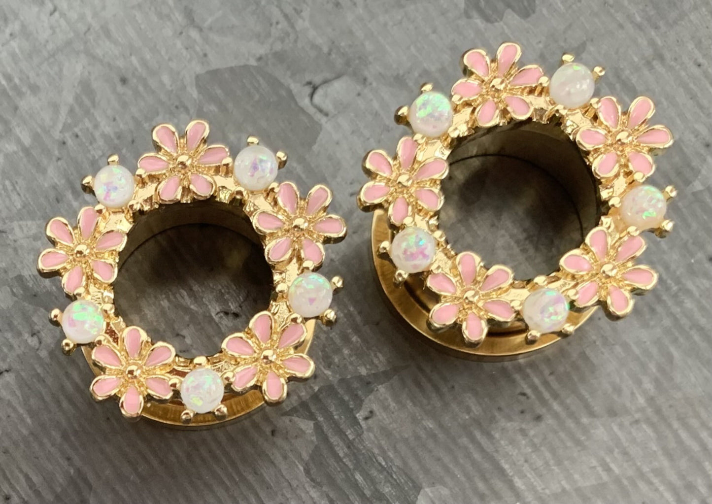 PAIR of Stunning Opal Glitter & Enamel Flowers Gold Screw Fit Tunnels/Plugs - Gauges 2g (6mm) thru 5/8" (16mm) available!