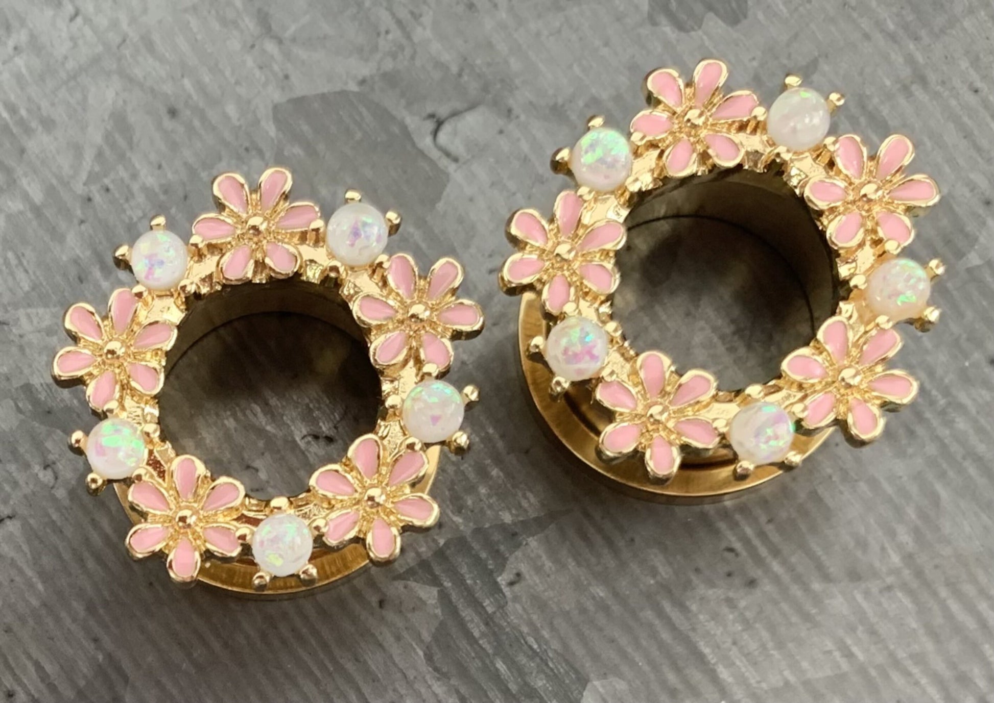 PAIR of Stunning Opal Glitter & Enamel Flowers Gold Screw Fit Tunnels/Plugs - Gauges 2g (6mm) thru 5/8" (16mm) available!