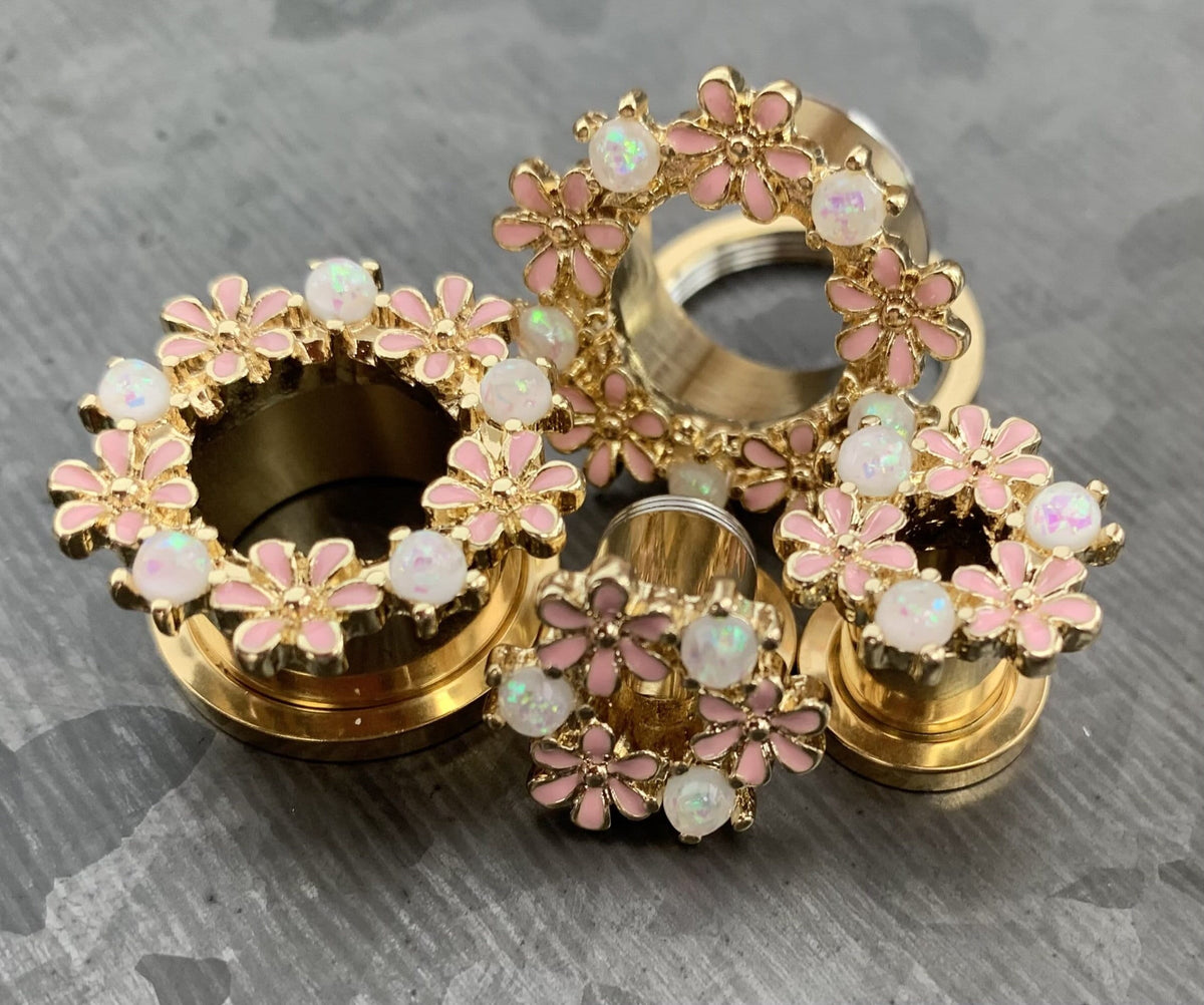 PAIR of Stunning Opal Glitter & Enamel Flowers Gold Screw Fit Tunnels/Plugs - Gauges 2g (6mm) thru 5/8" (16mm) available!