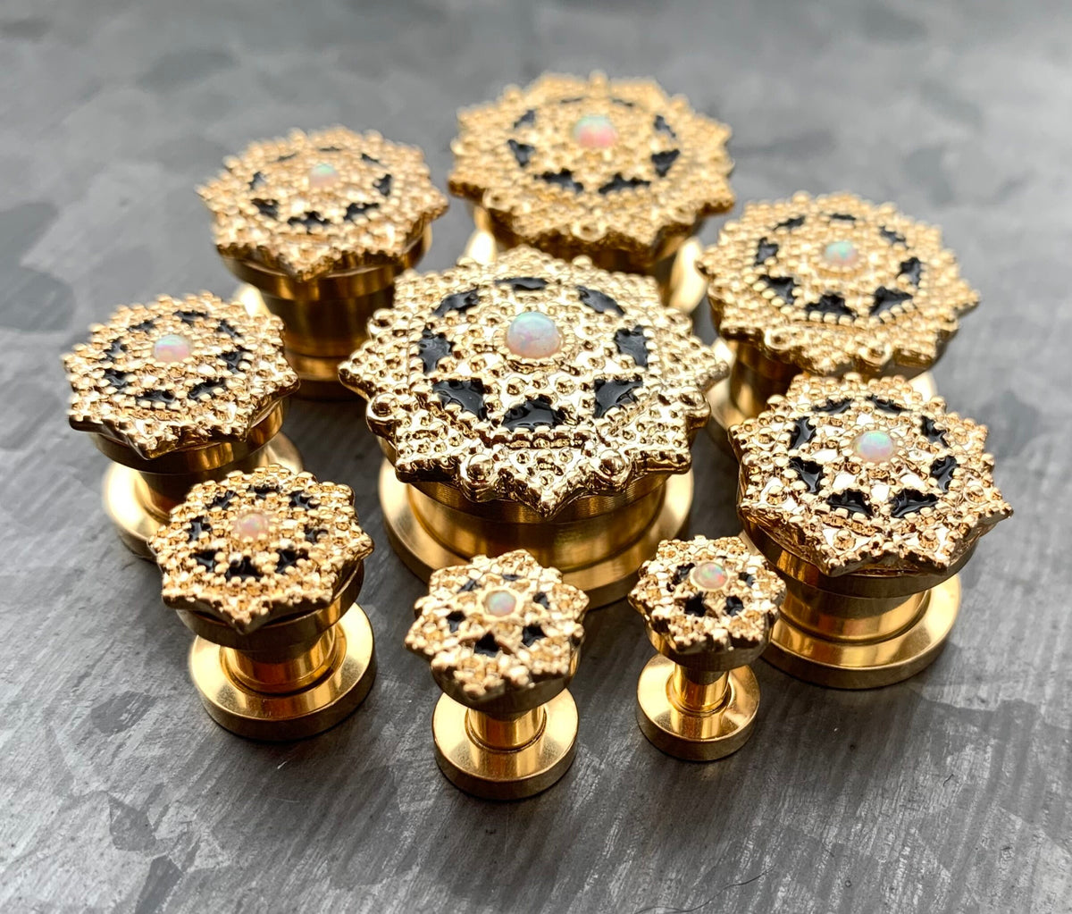 PAIR of Unique Opal Center Tribal Shield Top 14kt Gold Plated Steel Screw Fit Tunnels/Plugs - Gauges 8g (3mm) thru 5/8" (16mm) available!