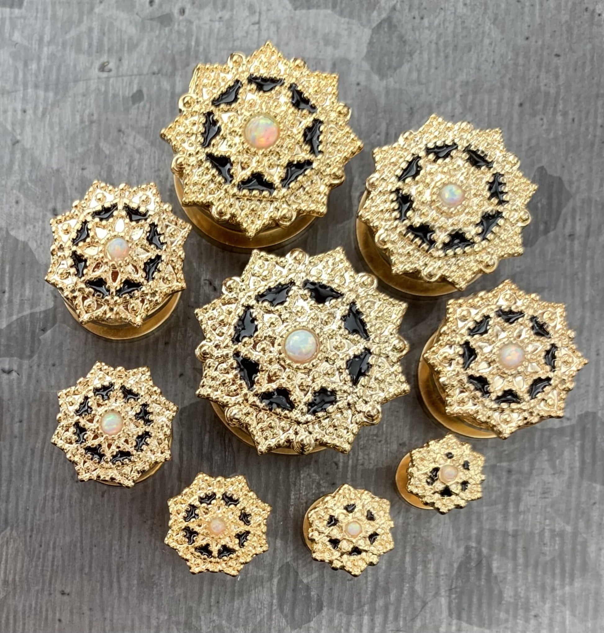 PAIR of Unique Opal Center Tribal Shield Top 14kt Gold Plated Steel Screw Fit Tunnels/Plugs - Gauges 8g (3mm) thru 5/8" (16mm) available!