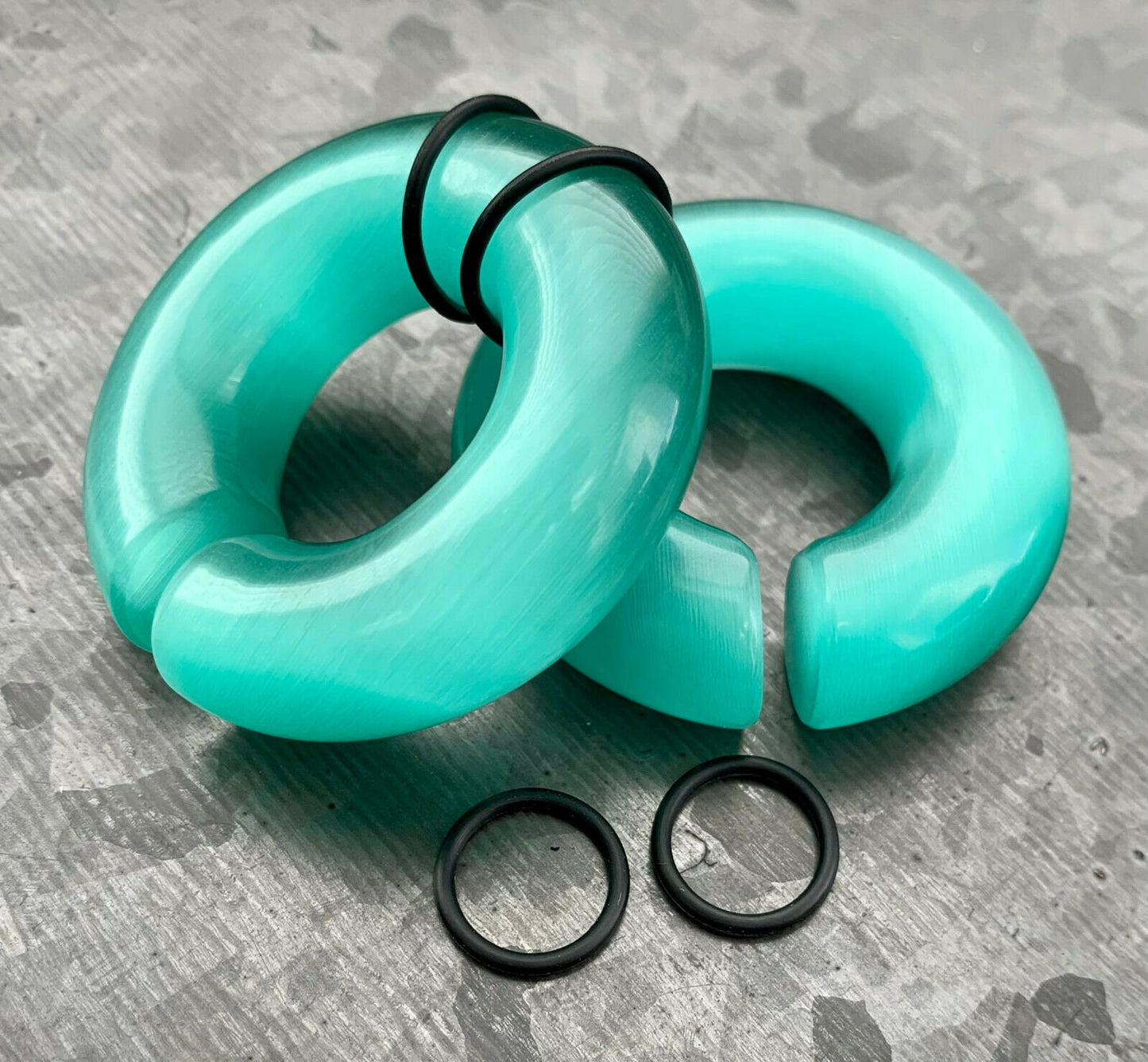 PAIR of Stunning Aquamarine Cat Eye Large Stone/Glass Hoops Ear Weight Hanging Plugs & O-rings -Gauges 4g (5mm) up to 5/8" (16mm) available!