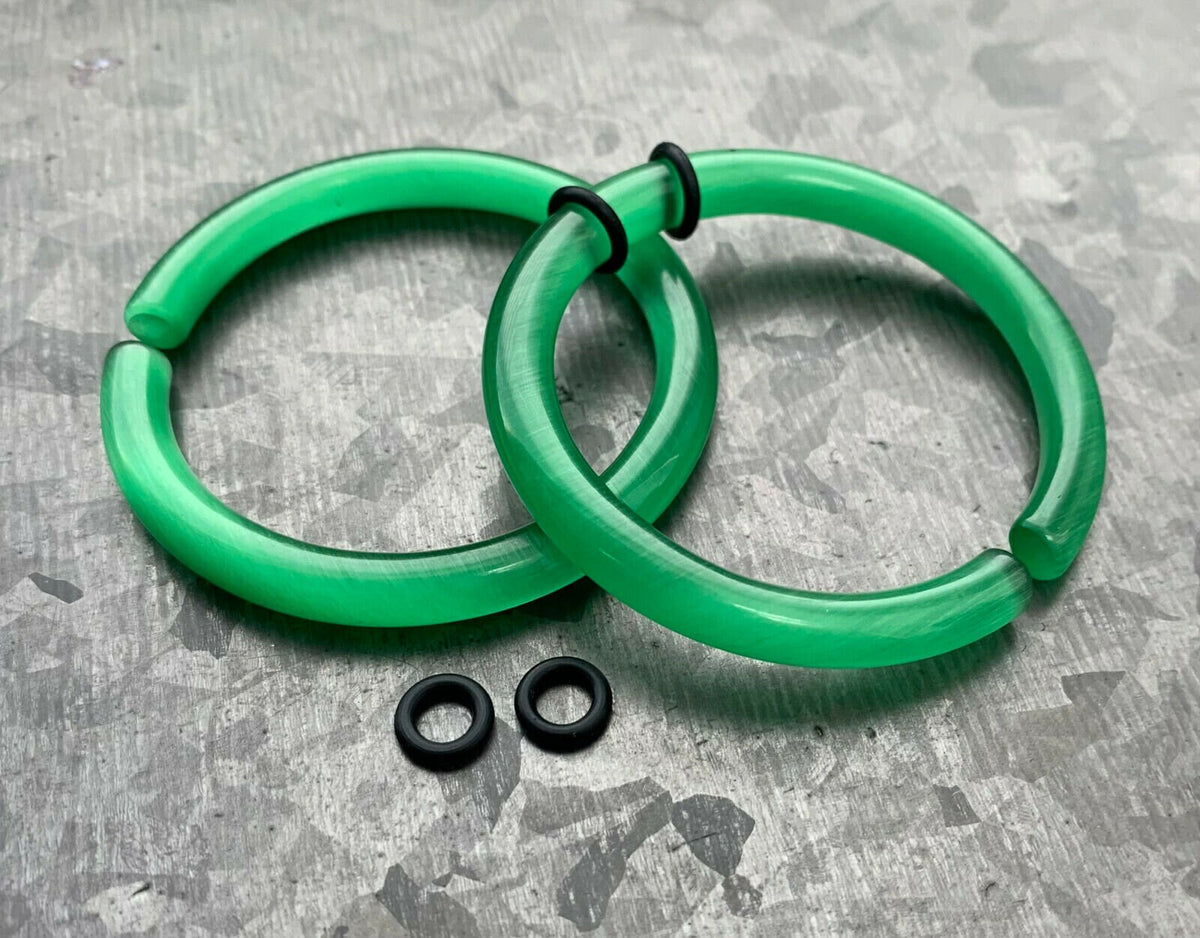 PAIR of Unique Deep Green Cat Eye Large Stone/Glass Hoops Ear Weight Hanging Plugs & O-rings - Gauges 4g (5mm) up to 5/8" (16mm) available!