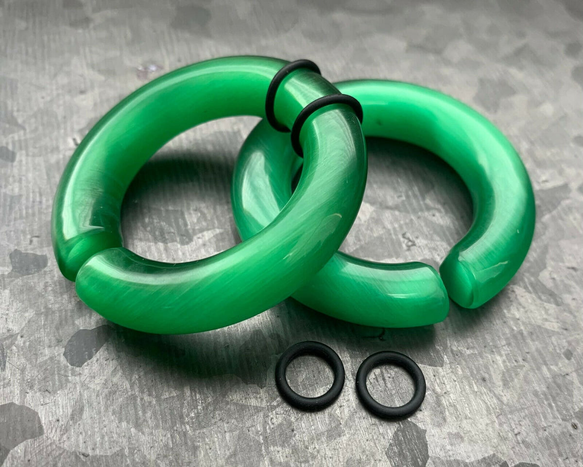 PAIR of Unique Deep Green Cat Eye Large Stone/Glass Hoops Ear Weight Hanging Plugs & O-rings - Gauges 4g (5mm) up to 5/8" (16mm) available!