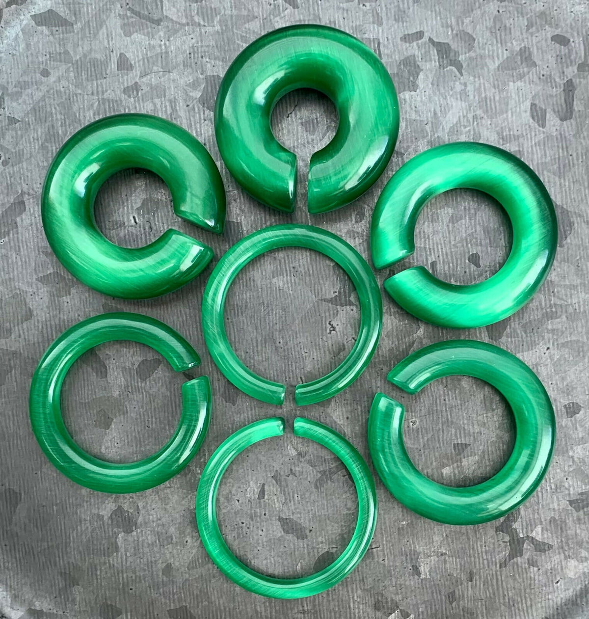 PAIR of Unique Deep Green Cat Eye Large Stone/Glass Hoops Ear Weight Hanging Plugs & O-rings - Gauges 4g (5mm) up to 5/8" (16mm) available!