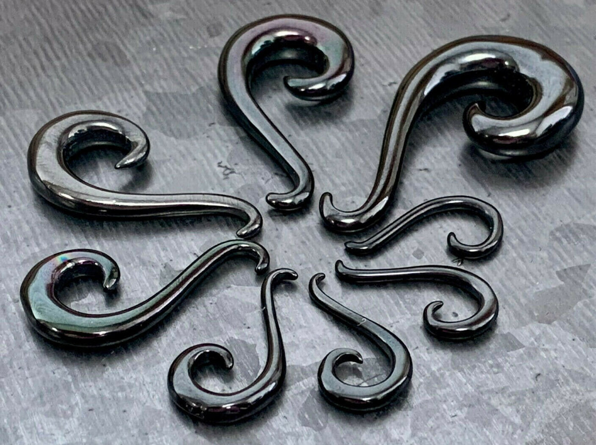 PAIR of Unique Black Swirl Hook Steel Spiral Tapers Gauges 14g (1.6mm) thru 2g (6mm) available!
