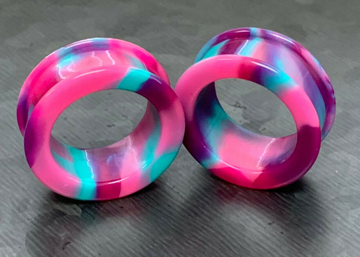 PAIR of Stunning Pink, Purple & Teal Swirl Galaxy Silicone Double Flare Tunnel/Plugs - Gauges 2g (6.5mm) up to 2" (50mm) available!
