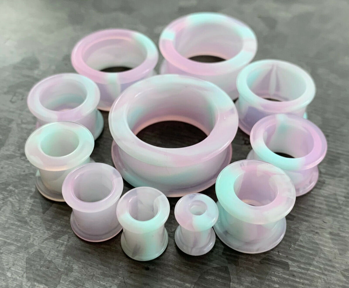 PAIR of Unique Cotton Candy Galaxy Style Double Flare Swirl Silicone Tunnel/Plugs - Gauges 2g (6.5mm) up to 2" (50mm) available!