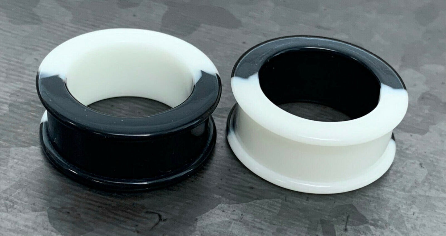 PAIR of Striking Half Black & White Silicone Double Flare Tunnel/Plugs - - Gauges 2g (6.5mm) up to 2" (50mm) available!