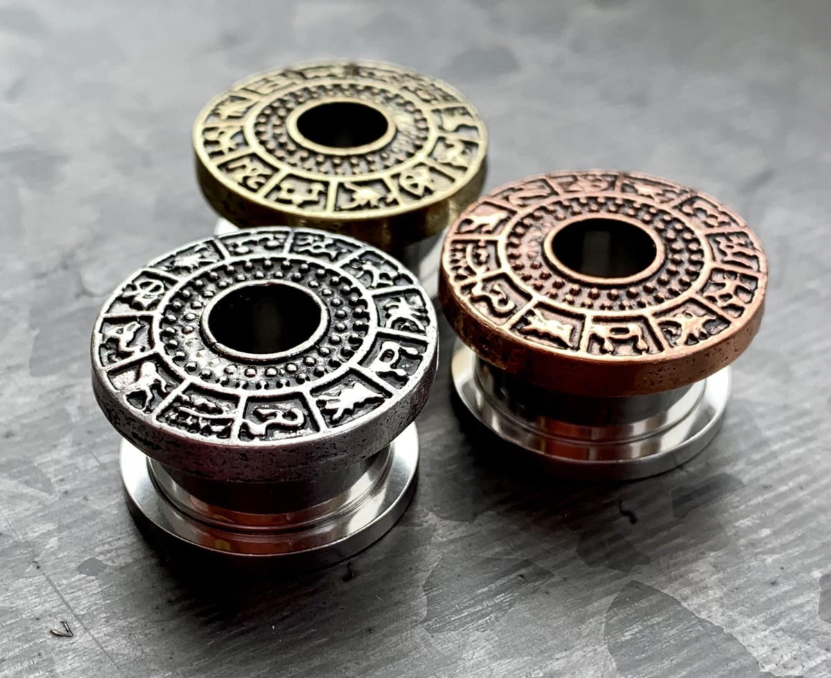 PAIR of Unique Gold, Silver or Bronze Zodiac Signs Top Steel Screw Fit Tunnels/Plugs - Gauges 4g (5mm) thru 5/8" (16mm) available!