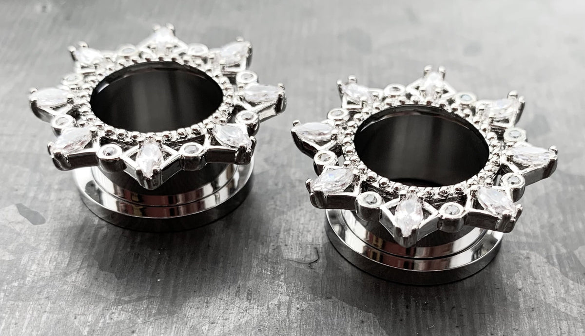 PAIR of Unique Marquise CZ Gem Filgree Steel Screw Fit Tunnels/Plugs - Gauges 2g (6mm) thru 5/8" (16mm) available!