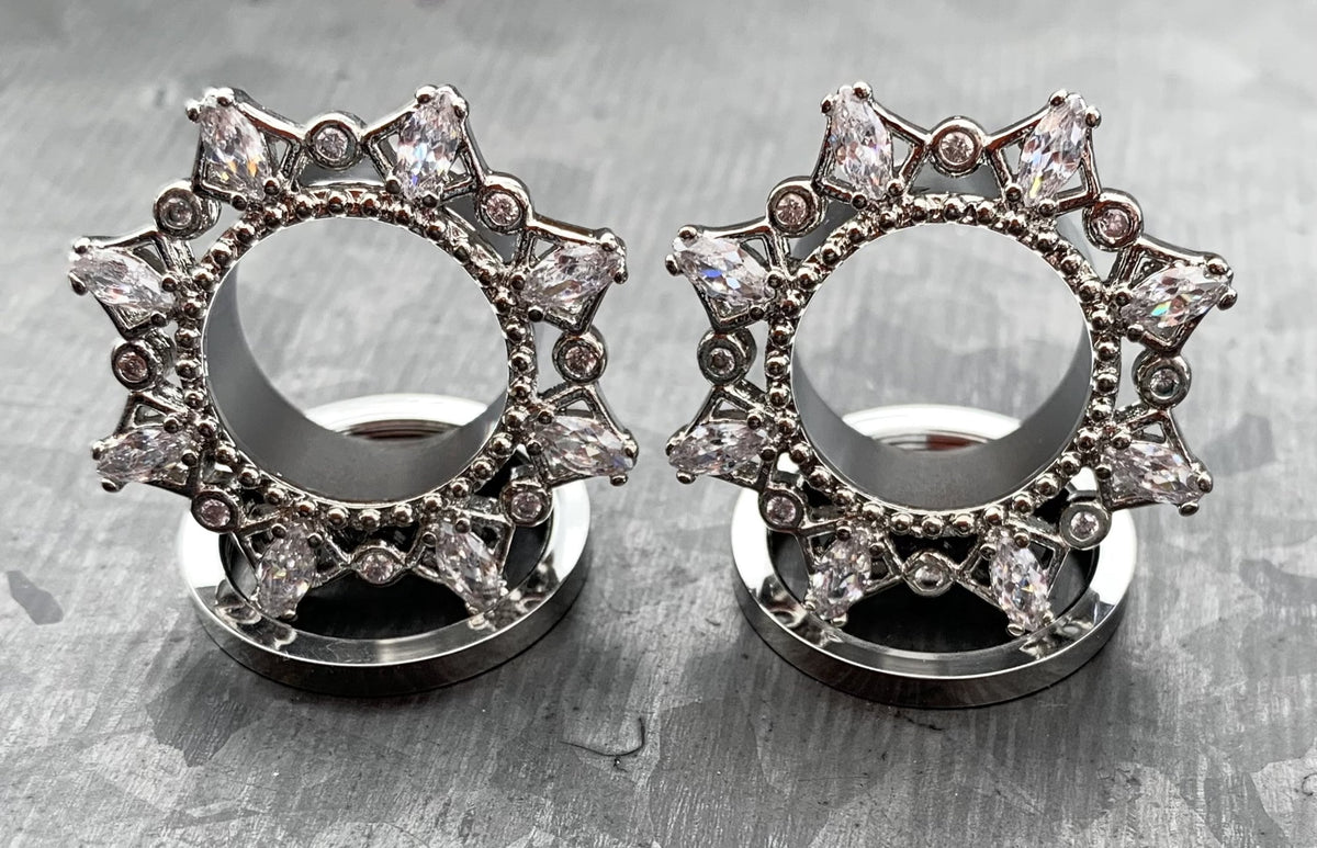 PAIR of Unique Marquise CZ Gem Filgree Steel Screw Fit Tunnels/Plugs - Gauges 2g (6mm) thru 5/8" (16mm) available!