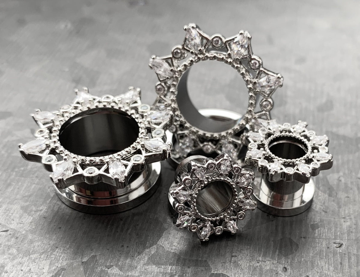 PAIR of Unique Marquise CZ Gem Filgree Steel Screw Fit Tunnels/Plugs - Gauges 2g (6mm) thru 5/8" (16mm) available!