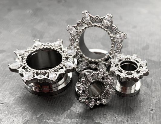 PAIR of Unique Marquise CZ Gem Filgree Steel Screw Fit Tunnels/Plugs - Gauges 2g (6mm) thru 5/8" (16mm) available!