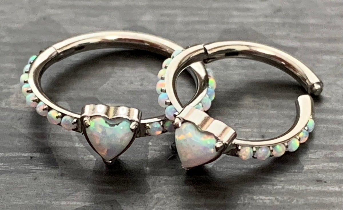 1 Piece of Implant Grade Titanium Opal Heart w/ Paved Sides Hinged Segment Ring - 16g - 10mm, 8mm - Silver ,Gold & Rose Gold available!