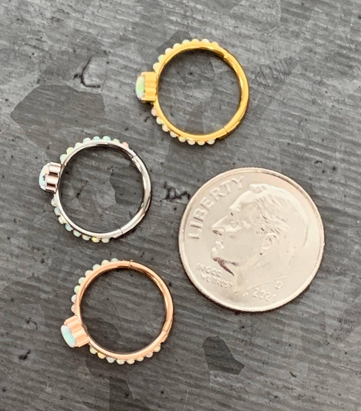 1 Piece of Implant Grade Titanium Opal Heart w/ Paved Sides Hinged Segment Ring - 16g - 10mm, 8mm - Silver ,Gold & Rose Gold available!