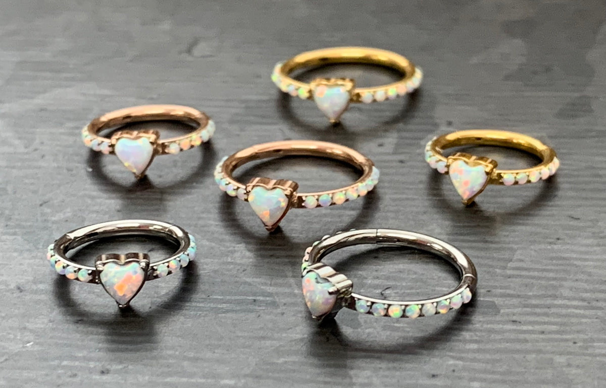 1 Piece of Implant Grade Titanium Opal Heart w/ Paved Sides Hinged Segment Ring - 16g - 10mm, 8mm - Silver ,Gold & Rose Gold available!