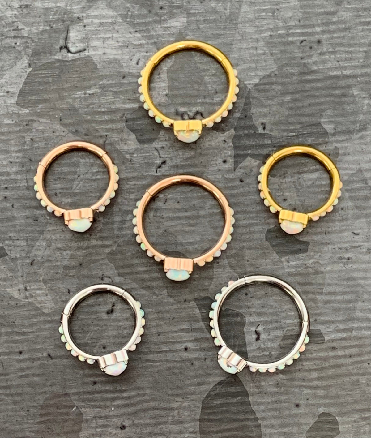 1 Piece of Implant Grade Titanium Opal Heart w/ Paved Sides Hinged Segment Ring - 16g - 10mm, 8mm - Silver ,Gold & Rose Gold available!