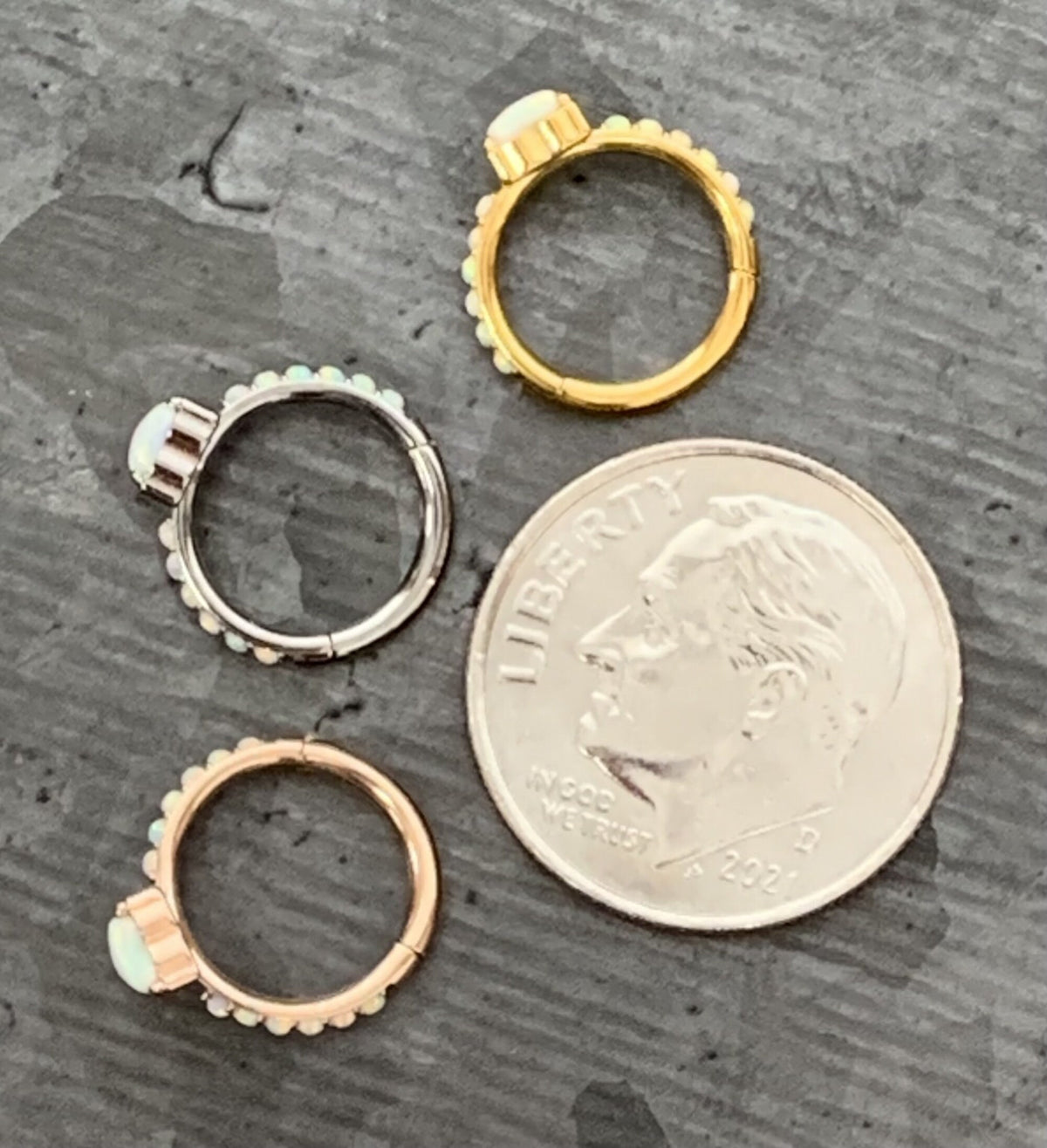 1 Piece of Implant Grade Titanium Opal Heart w/ Paved Sides Hinged Segment Ring - 16g - 10mm, 8mm - Silver ,Gold & Rose Gold available!