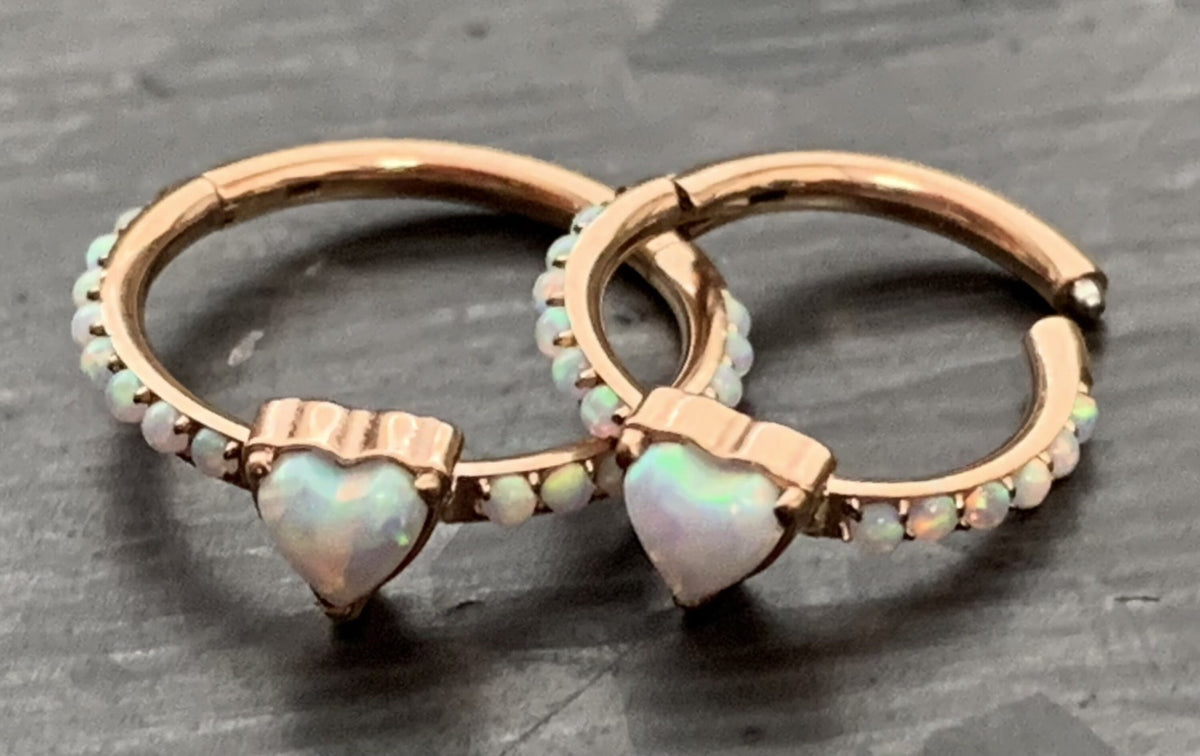 1 Piece of Implant Grade Titanium Opal Heart w/ Paved Sides Hinged Segment Ring - 16g - 10mm, 8mm - Silver ,Gold & Rose Gold available!