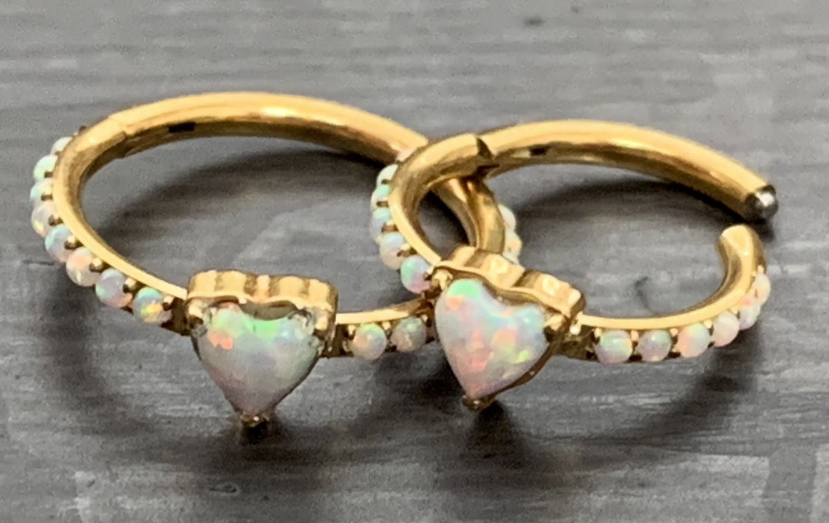 1 Piece of Implant Grade Titanium Opal Heart w/ Paved Sides Hinged Segment Ring - 16g - 10mm, 8mm - Silver ,Gold & Rose Gold available!