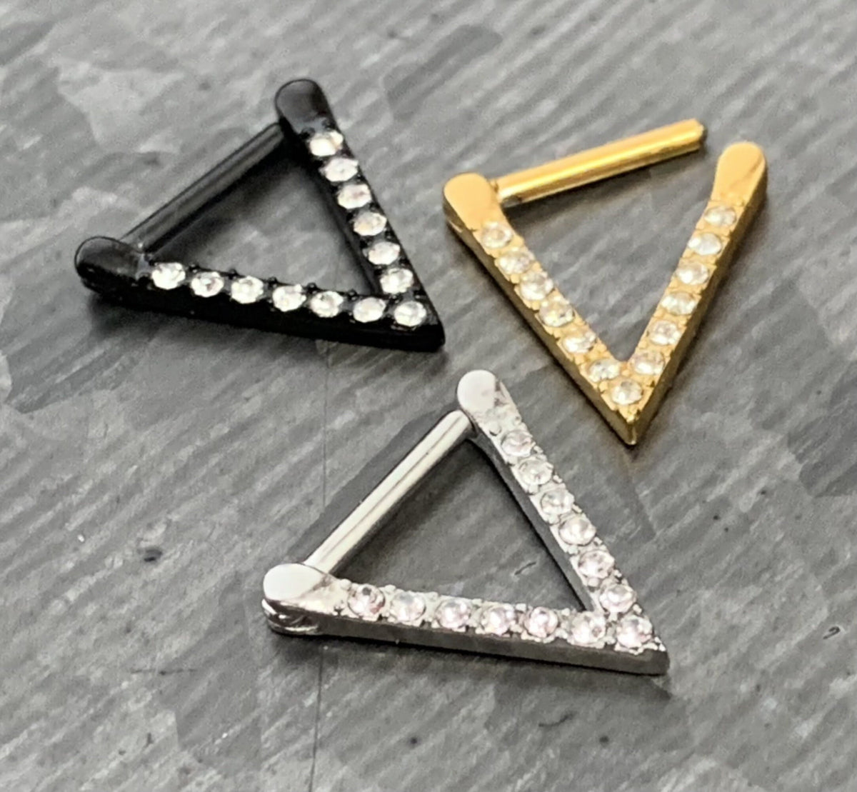 1 Piece Unique Triangle CZ Gem Steel Hinged Segment Ring - 16g - 8mm internal diameter - Black, Silver and Gold available!