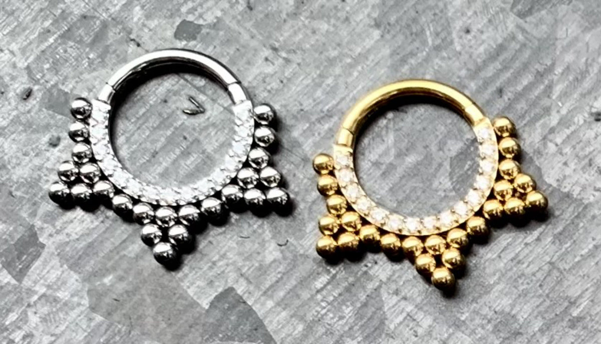 1 Piece Beautiful Stainless Steel Ball Cluster CZ Gem Lined Hinged Septum Ring - 16g - Steel and Gold Available!