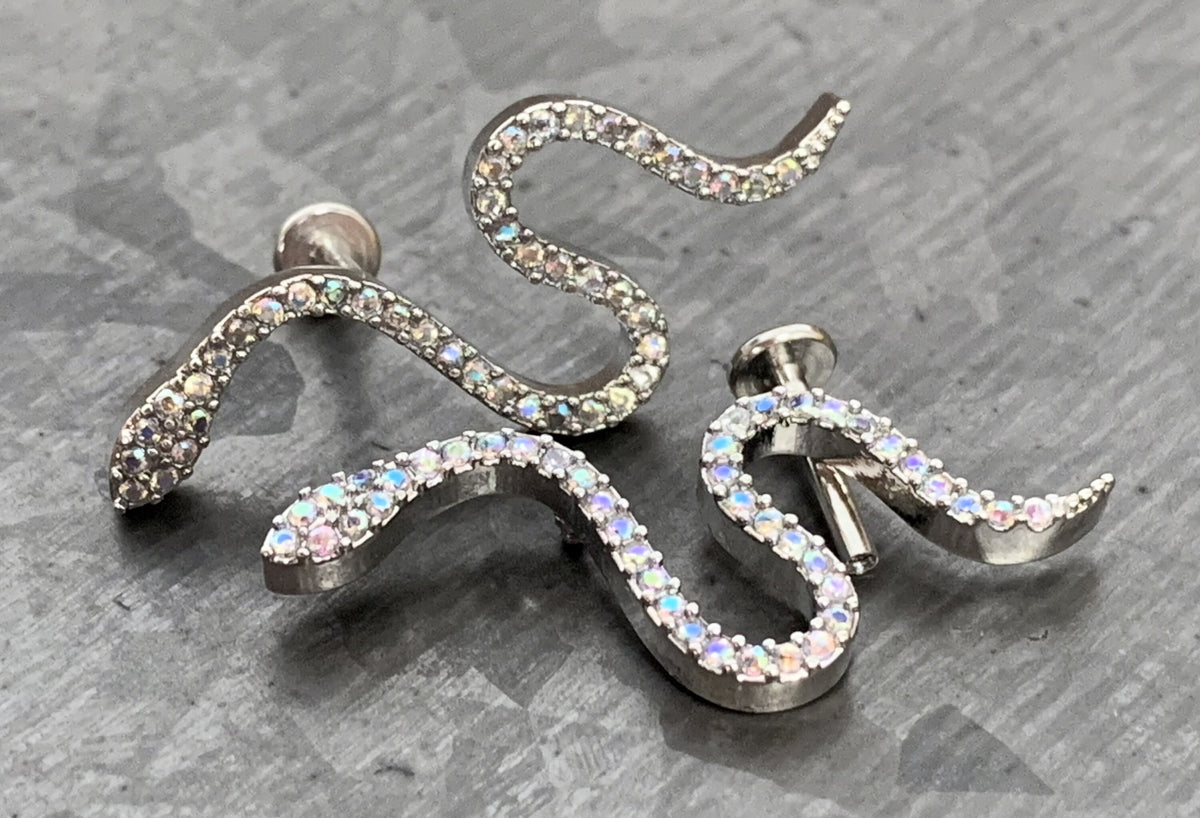 1 Piece Unique CZ Paved Steel Snake 16g Internally Threaded Labret - Sliver, Gold and Aurora Borealis available!