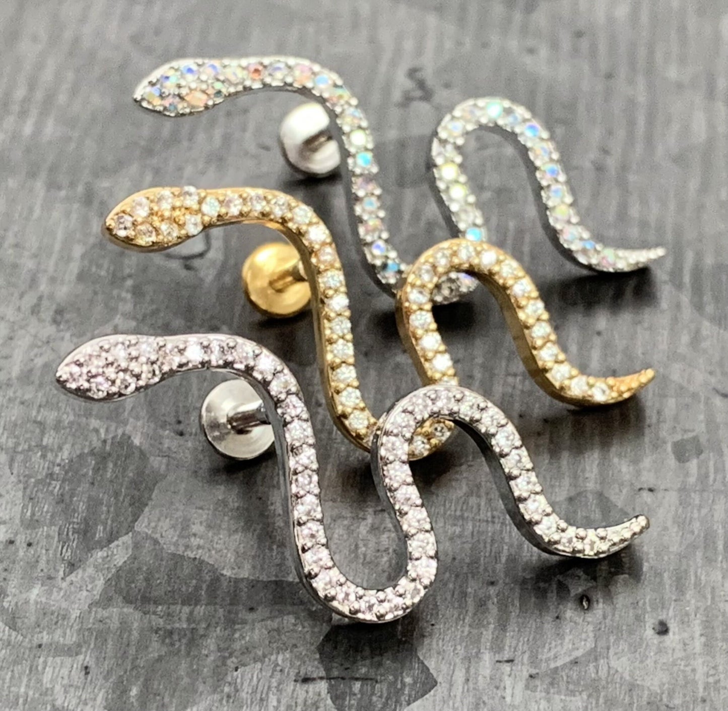 1 Piece Unique CZ Paved Steel Snake 16g Internally Threaded Labret - Sliver, Gold and Aurora Borealis available!