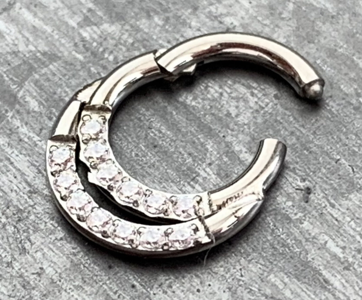1 Piece Beautiful Implant Grade Titanium Double Lined CZ Gems Segment Septum Ring -Gauge 16g - 6mm, 8mm or 10mm, Silver & Gold Available!