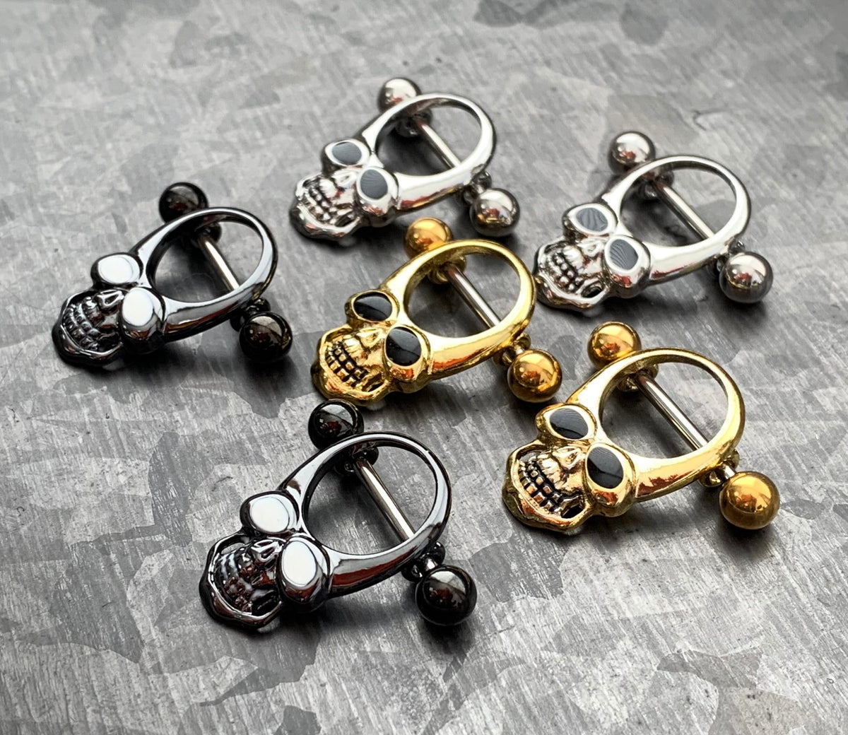 PAIR of Steel Skull with Enamel Eyes Nipple Barbells/Shields/Rings - 14g, 11mm wearable length in Silver, Gold & Black!