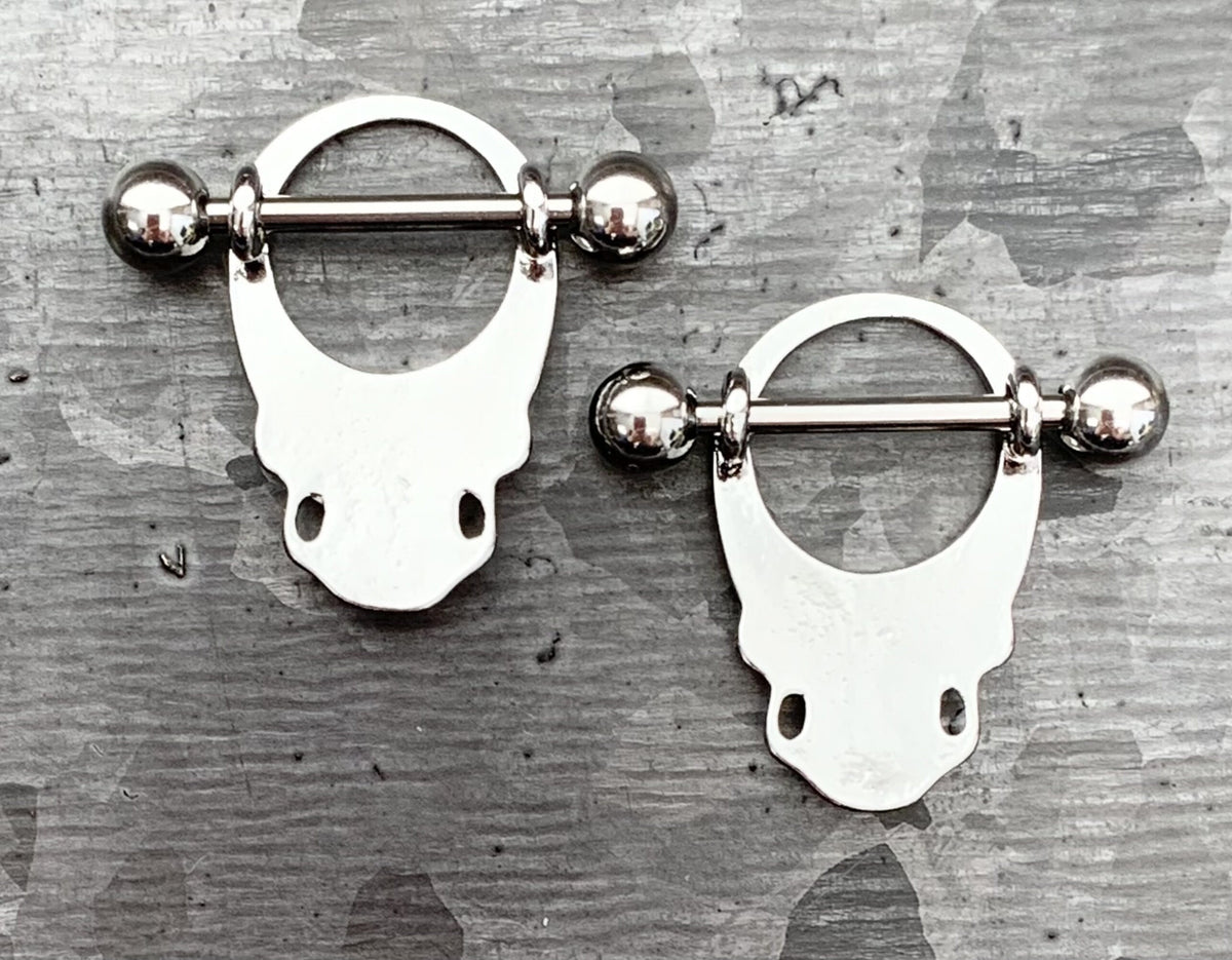 PAIR of Steel Skull with Enamel Eyes Nipple Barbells/Shields/Rings - 14g, 11mm wearable length in Silver, Gold & Black!