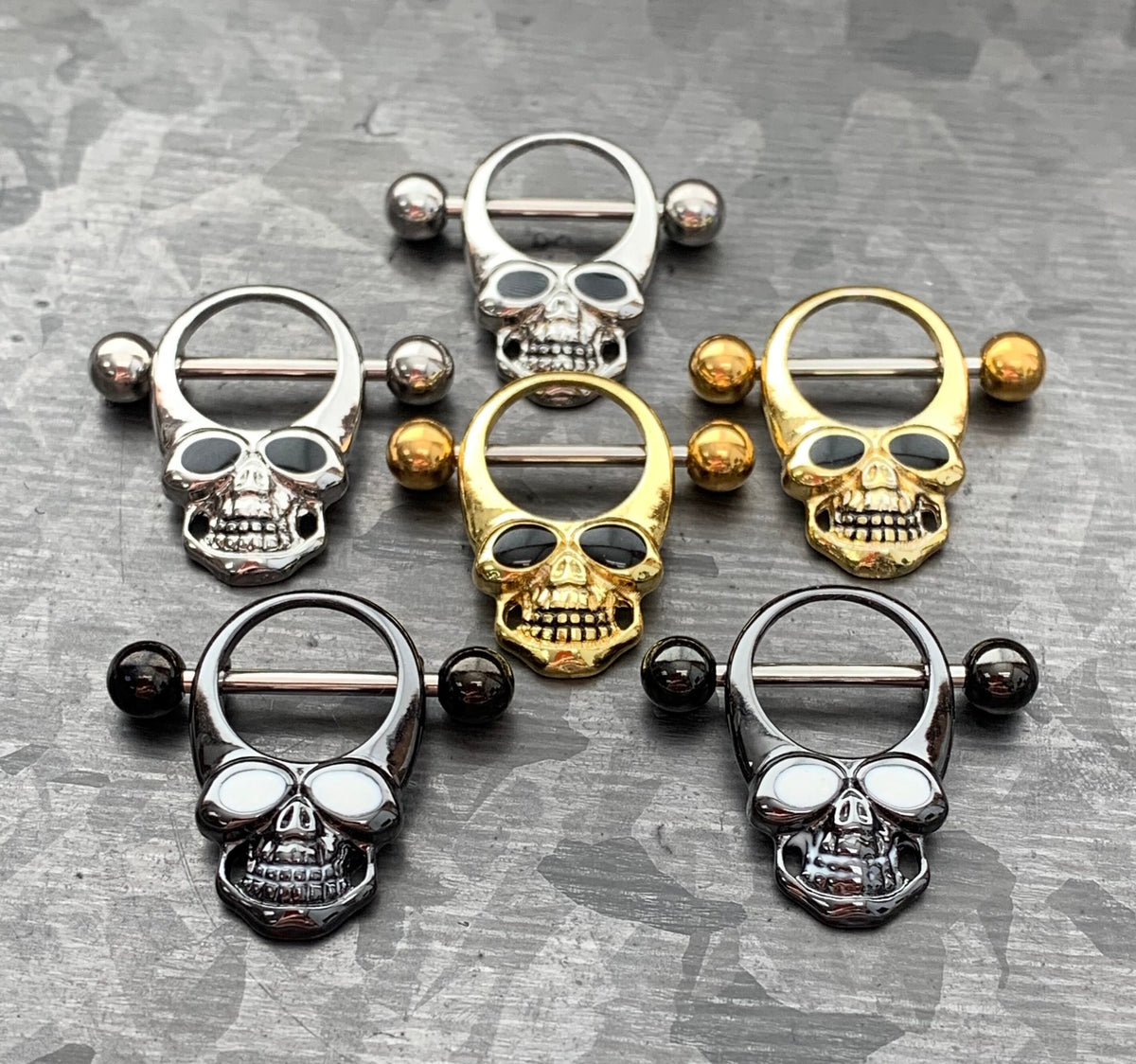PAIR of Steel Skull with Enamel Eyes Nipple Barbells/Shields/Rings - 14g, 11mm wearable length in Silver, Gold & Black!