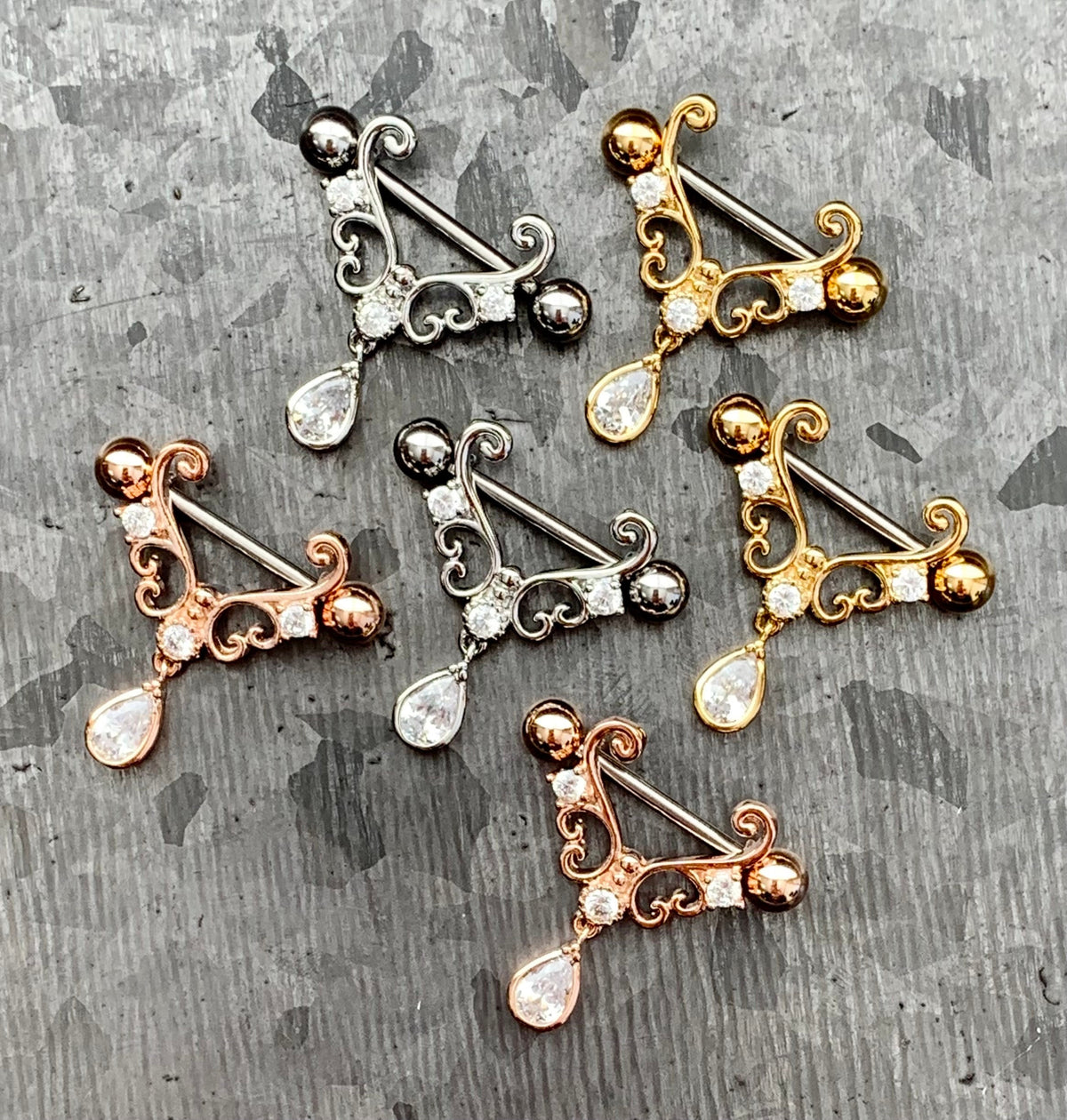 PAIR of Heart Filigree with CZ Teardrop Gem Steel Nipple Barbells/Shields/Rings - 16g, 10mm wearable length in Silver, Gold & Rose Gold!