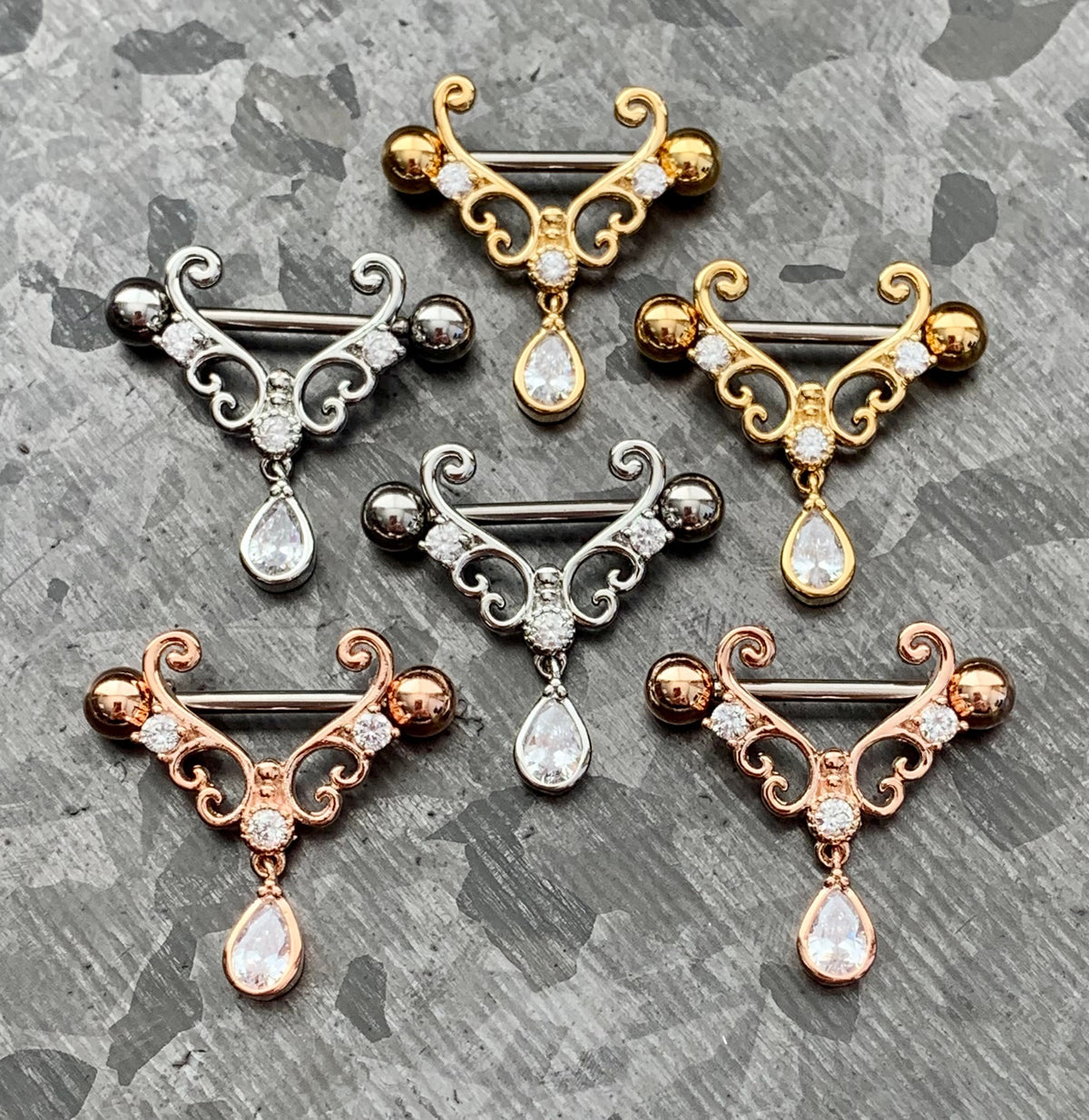 PAIR of Heart Filigree with CZ Teardrop Gem Steel Nipple Barbells/Shields/Rings - 16g, 10mm wearable length in Silver, Gold & Rose Gold!