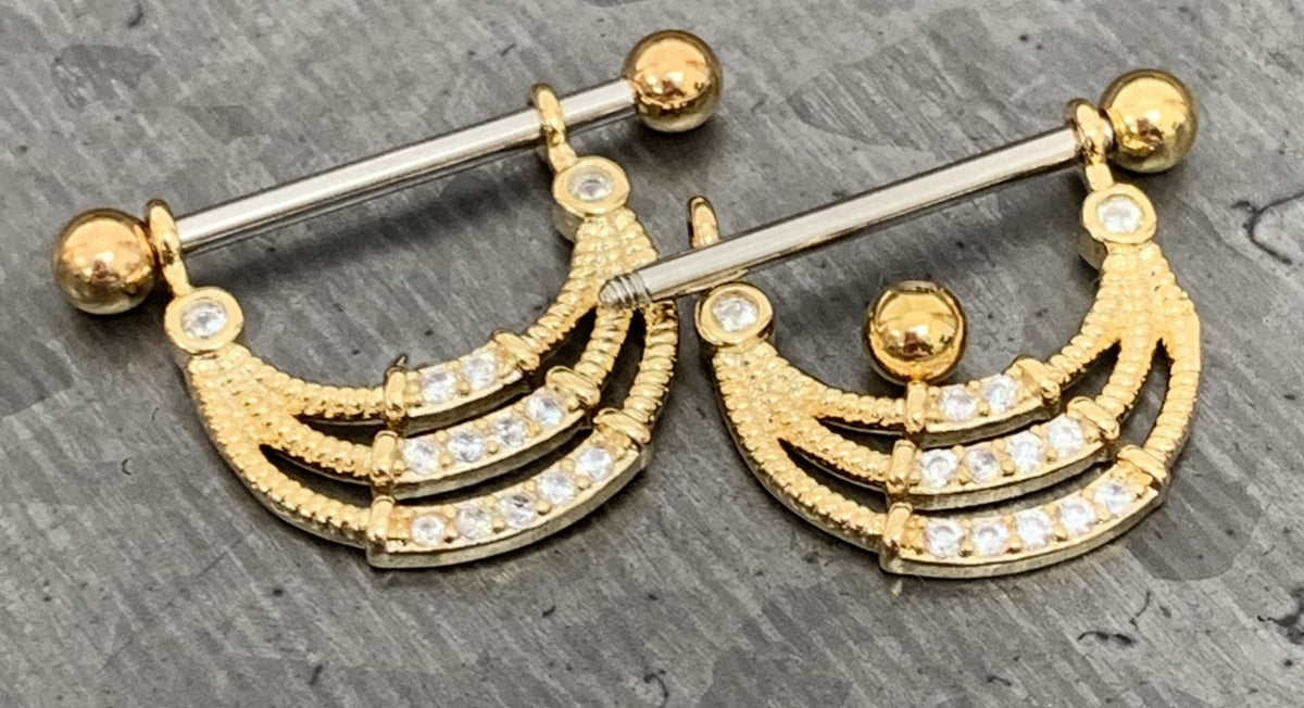 PAIR of Stunning Triple Lined CZ Gem Steel Nipple Barbells/Shields/Rings - 14g, 14mm wearable length in Silver, Gold & Rose Gold!