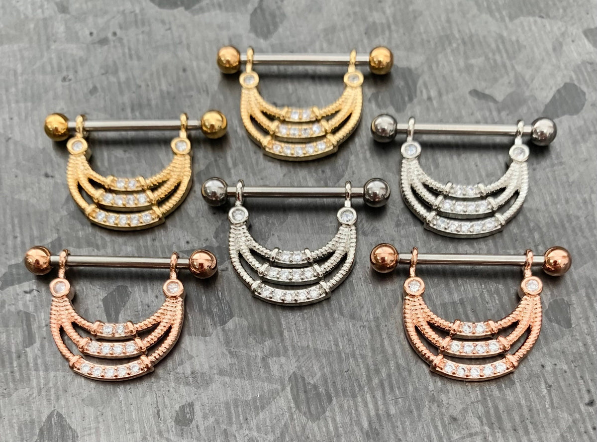 PAIR of Stunning Triple Lined CZ Gem Steel Nipple Barbells/Shields/Rings - 14g, 14mm wearable length in Silver, Gold & Rose Gold!