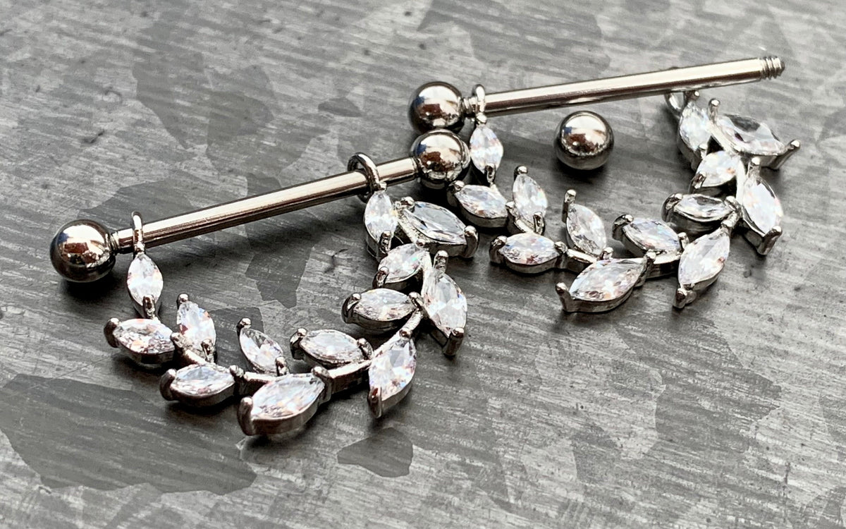 PAIR of Stunning Marquise CZ Gem Vine Dangle Steel Nipple Barbells/Shields/Rings - 14g, 14mm wearable length in Silver, Gold & Rose Gold!