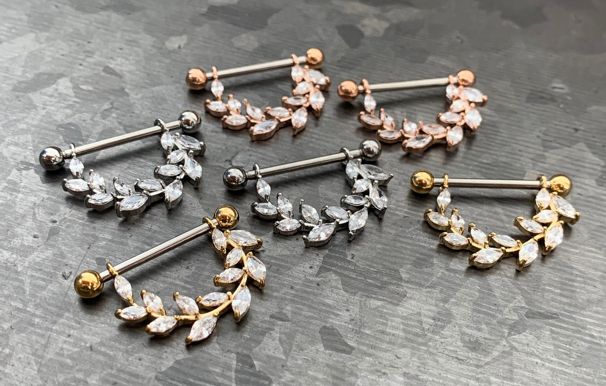 PAIR of Stunning Marquise CZ Gem Vine Dangle Steel Nipple Barbells/Shields/Rings - 14g, 14mm wearable length in Silver, Gold & Rose Gold!