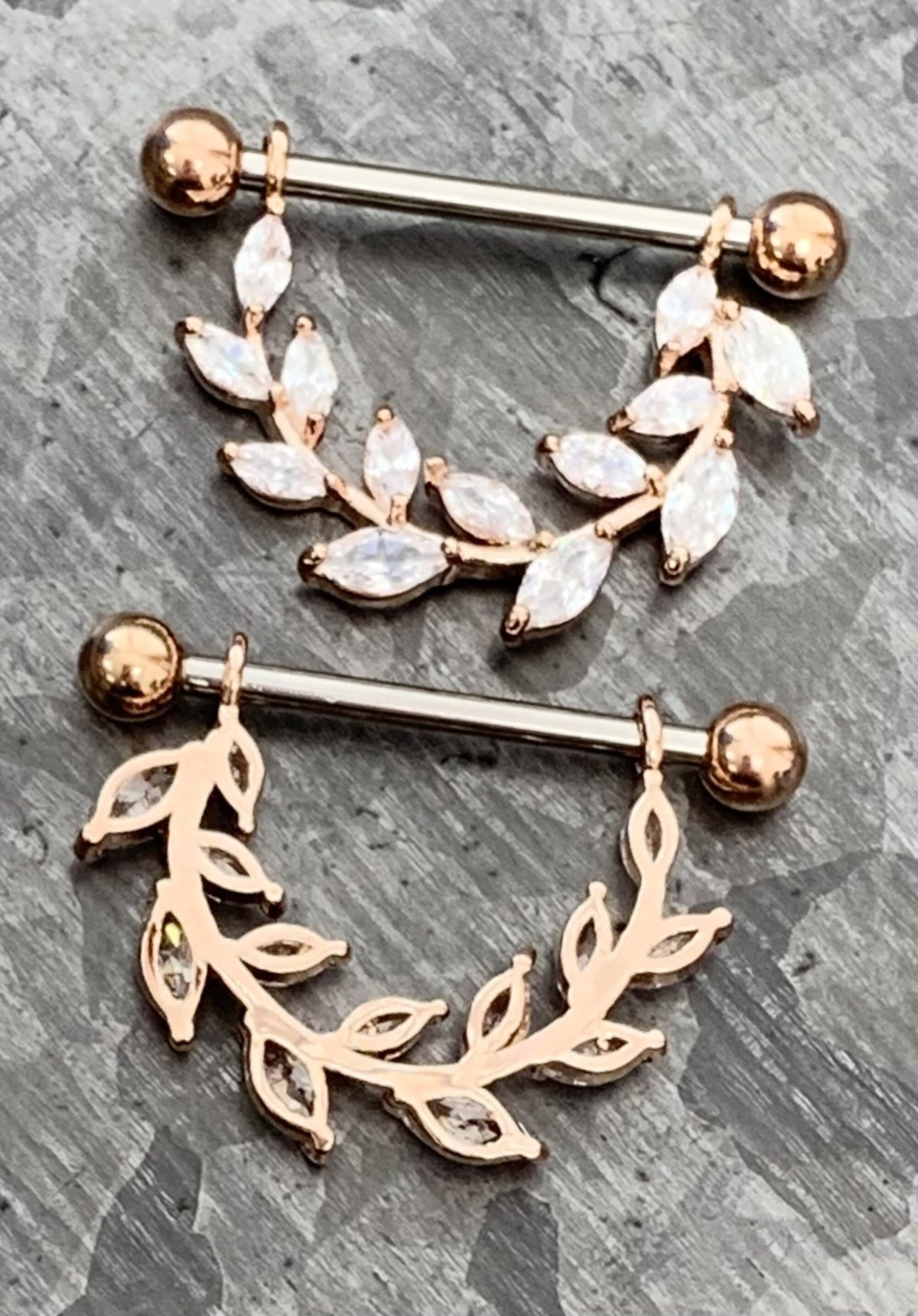PAIR of Stunning Marquise CZ Gem Vine Dangle Steel Nipple Barbells/Shields/Rings - 14g, 14mm wearable length in Silver, Gold & Rose Gold!