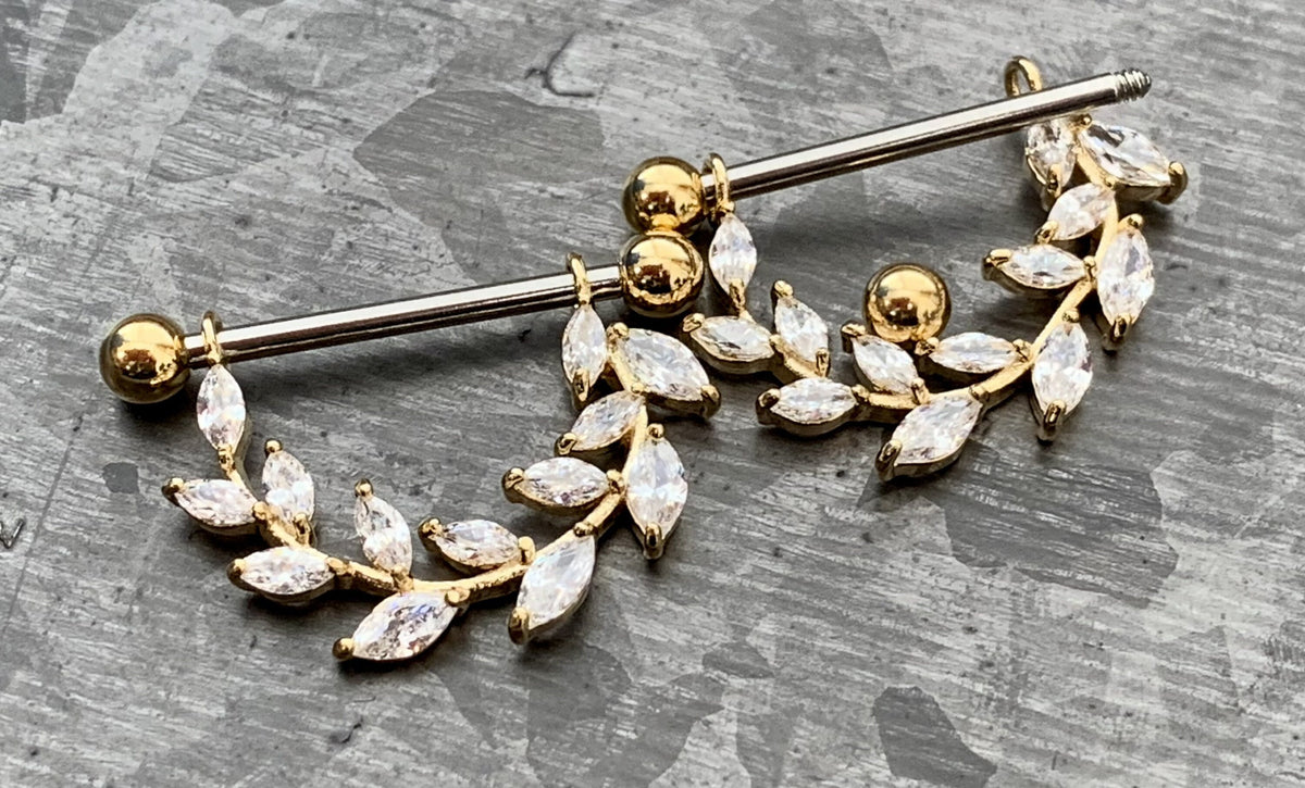 PAIR of Stunning Marquise CZ Gem Vine Dangle Steel Nipple Barbells/Shields/Rings - 14g, 14mm wearable length in Silver, Gold & Rose Gold!