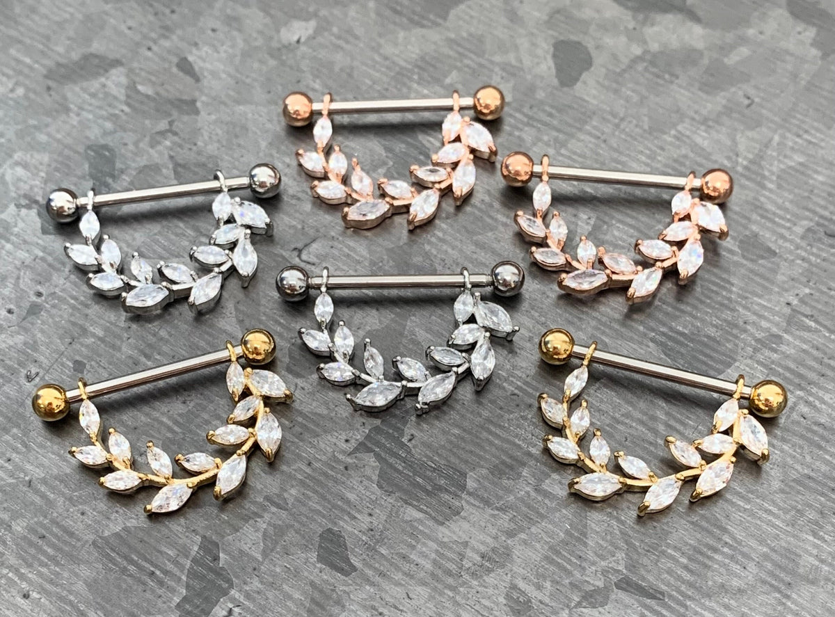 PAIR of Stunning Marquise CZ Gem Vine Dangle Steel Nipple Barbells/Shields/Rings - 14g, 14mm wearable length in Silver, Gold & Rose Gold!