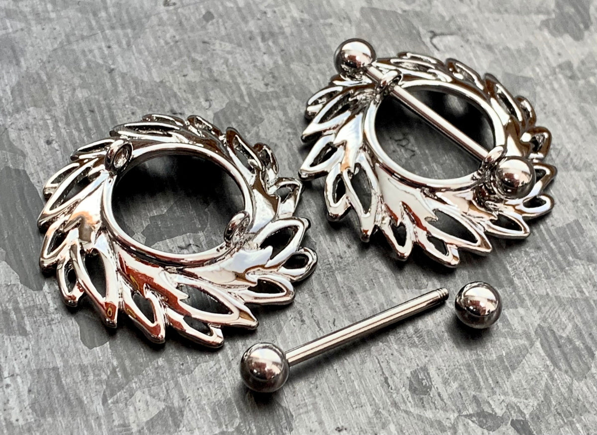 PAIR of Beautiful Swirling Leaves Steel Nipple Barbells/Shields/Rings - 14g, 12mm wearable length in Silver, Gold & Rose Gold!