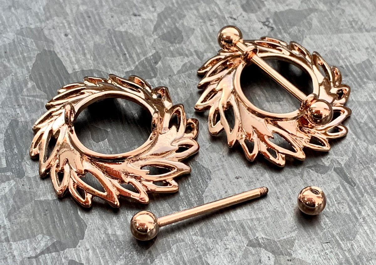 PAIR of Beautiful Swirling Leaves Steel Nipple Barbells/Shields/Rings - 14g, 12mm wearable length in Silver, Gold & Rose Gold!