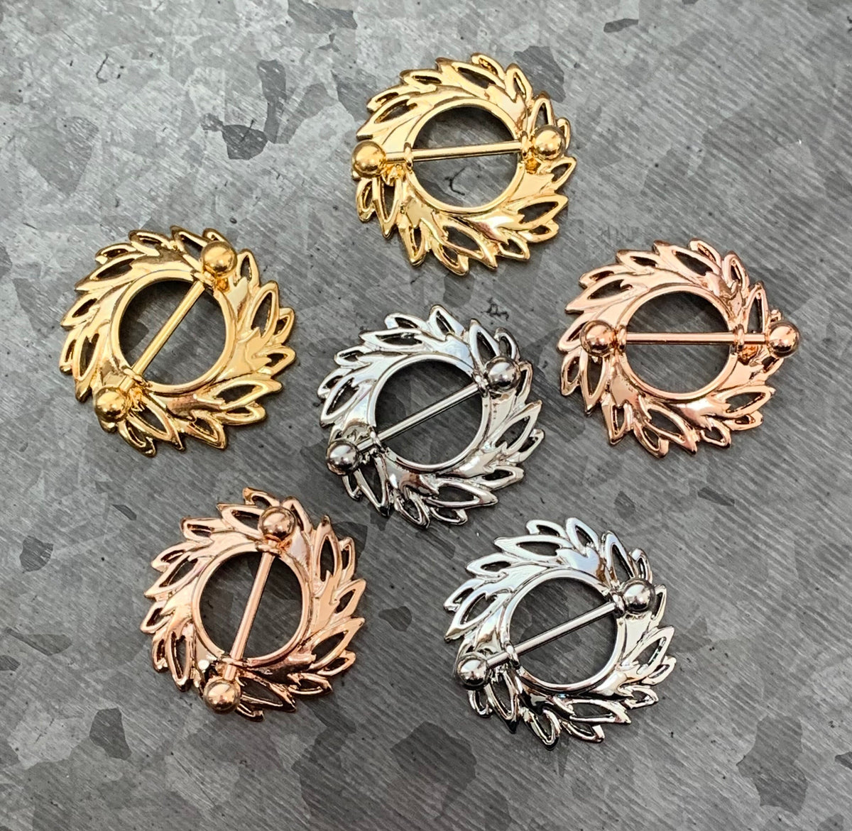 PAIR of Beautiful Swirling Leaves Steel Nipple Barbells/Shields/Rings - 14g, 12mm wearable length in Silver, Gold & Rose Gold!