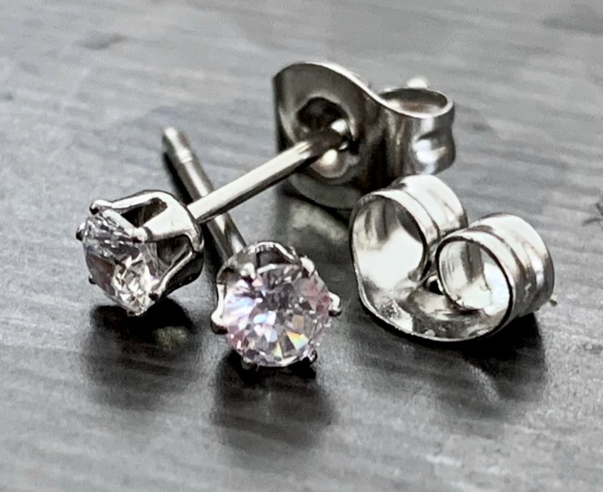 PAIR of Stunning Hypoallergenic Prong Set CZ Gem 316L Surgical Steel Stud Earrings - 2mm thru 10mm Available!