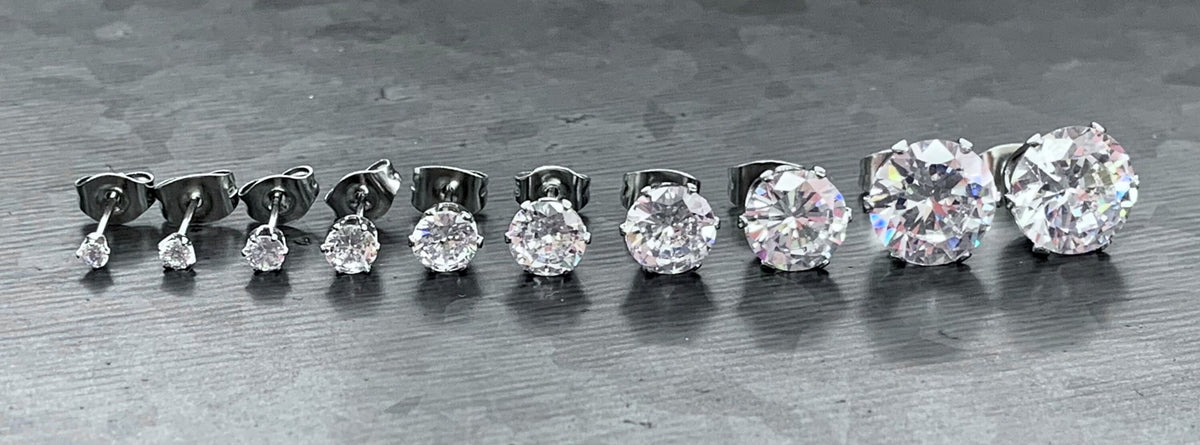 PAIR of Stunning Hypoallergenic Prong Set CZ Gem 316L Surgical Steel Stud Earrings - 2mm thru 10mm Available!