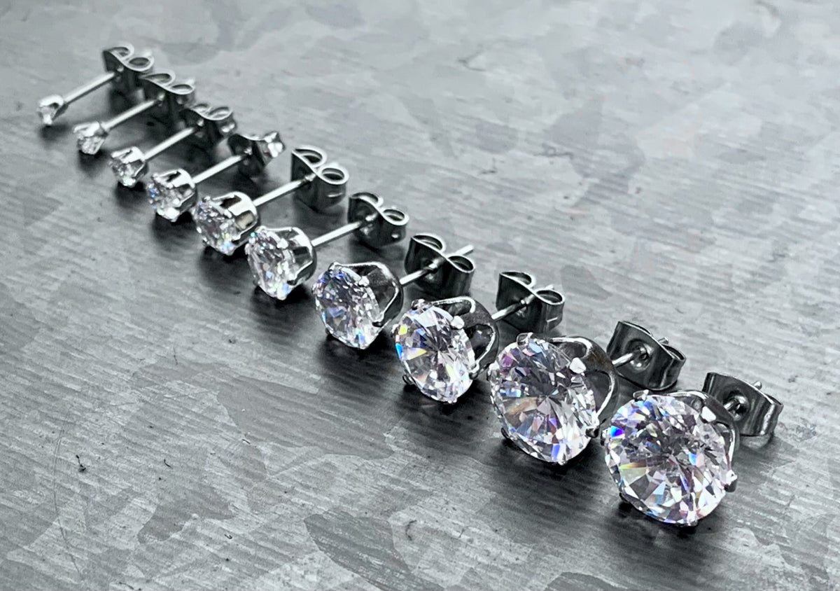 PAIR of Stunning Hypoallergenic Prong Set CZ Gem 316L Surgical Steel Stud Earrings - 2mm thru 10mm Available!